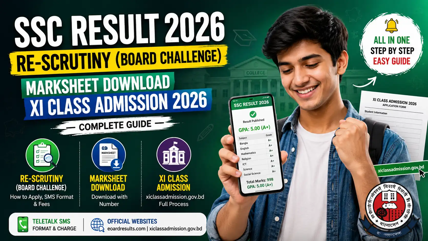A student checking an SSC marksheet on a phone, with a college admission form and mobile banking icons nearby