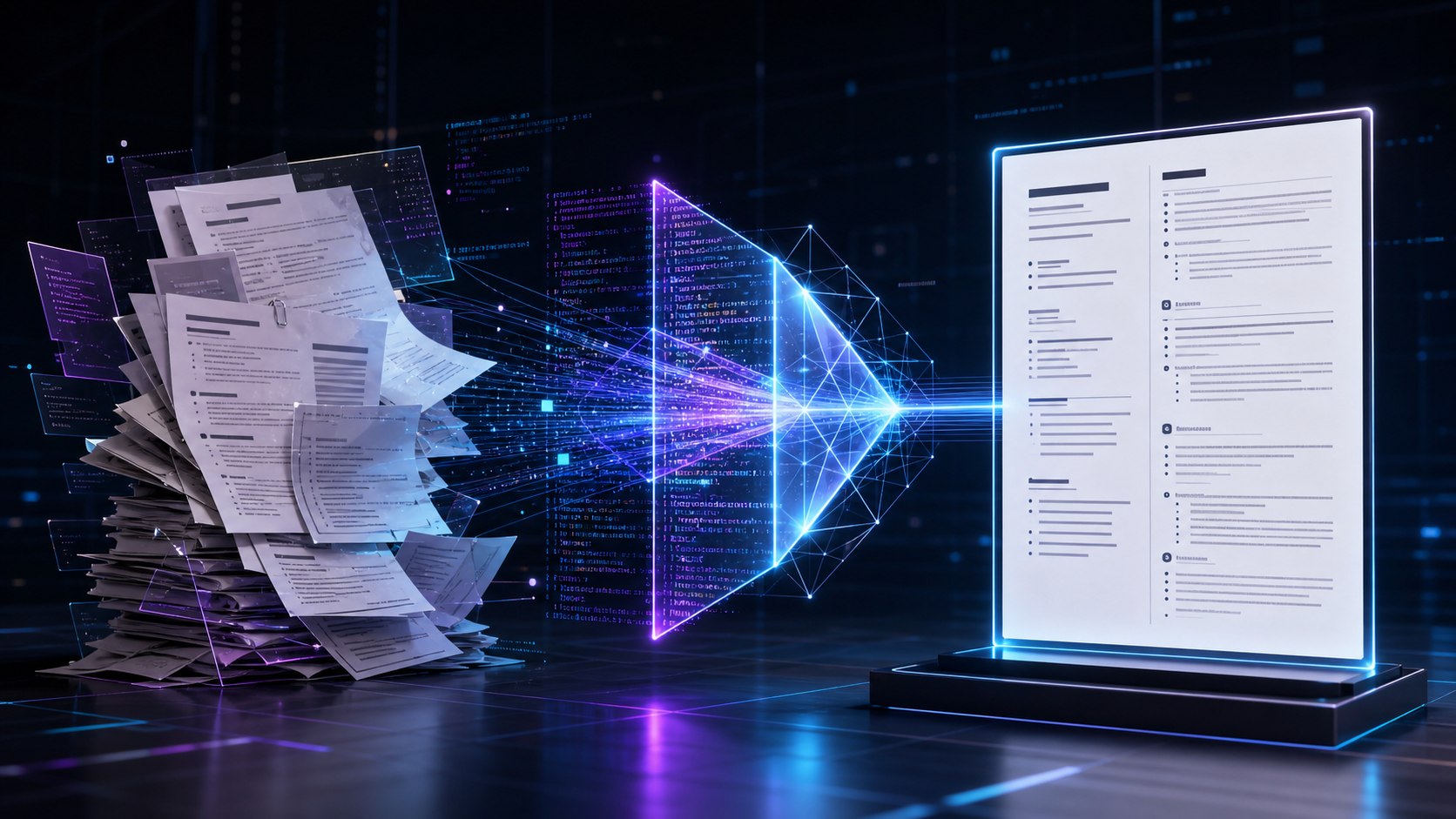 A messy stack of resumes transformed through AI code into a clean structured resume