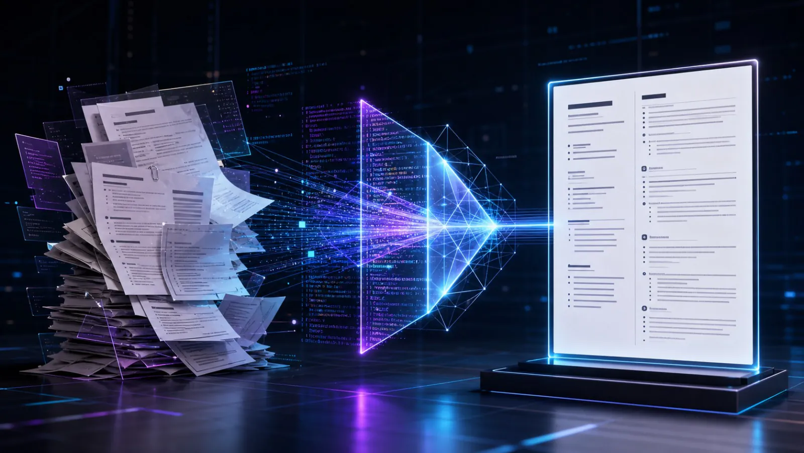 A messy stack of resumes transformed through AI code into a clean structured resume