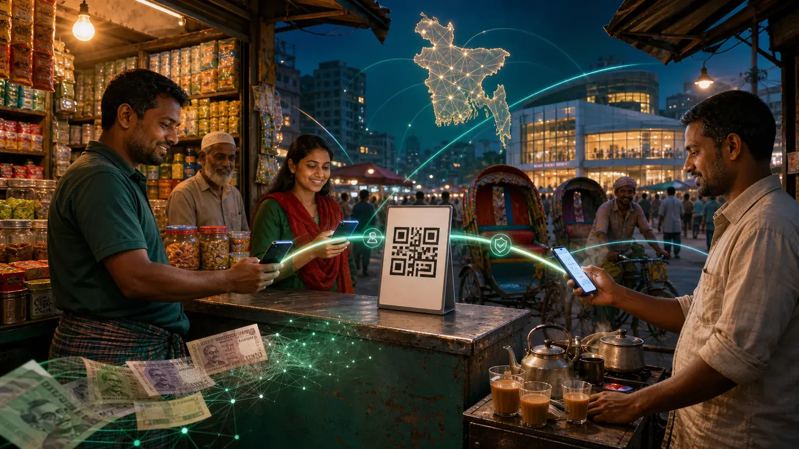 Bangladeshi shoppers and small merchants using one interoperable QR payment placard in a connected Dhaka market