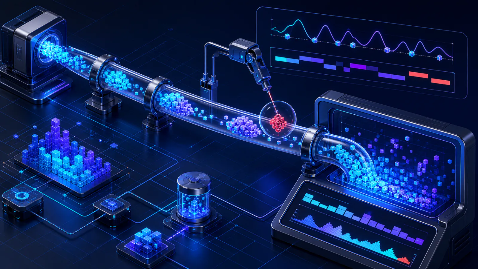 A glowing stream of token fragments moves through a transparent debugging pipeline while a probe isolates a malformed chunk