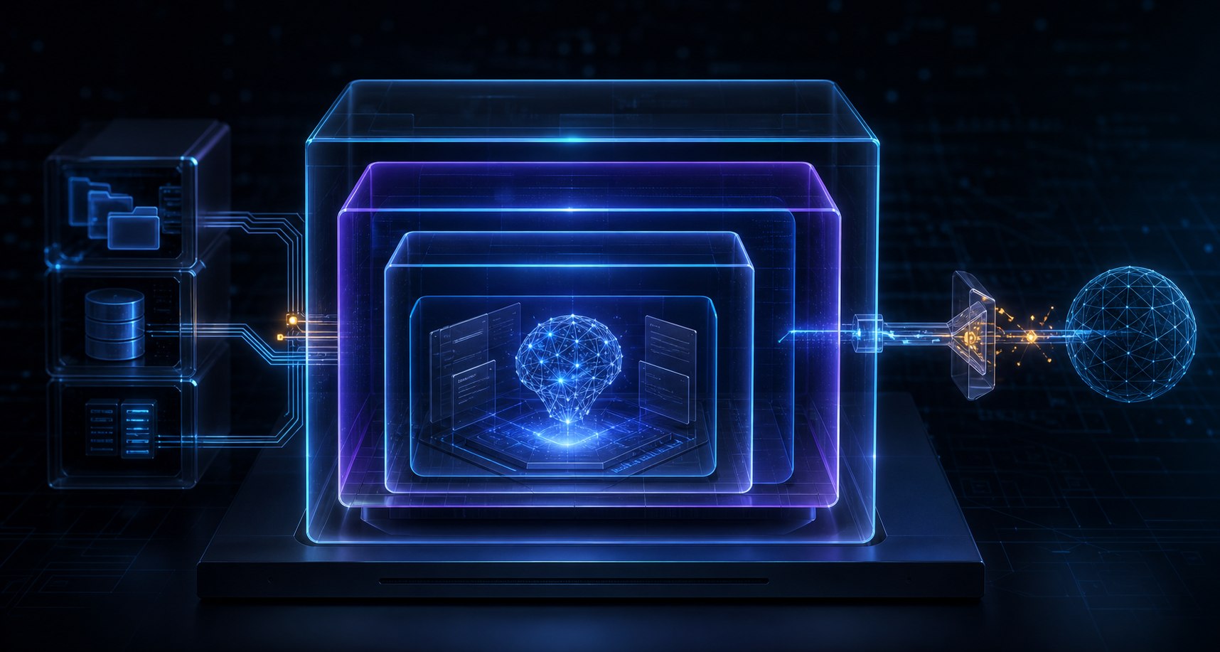 An AI coding agent contained within layered filesystem, container, operating system, and network security boundaries