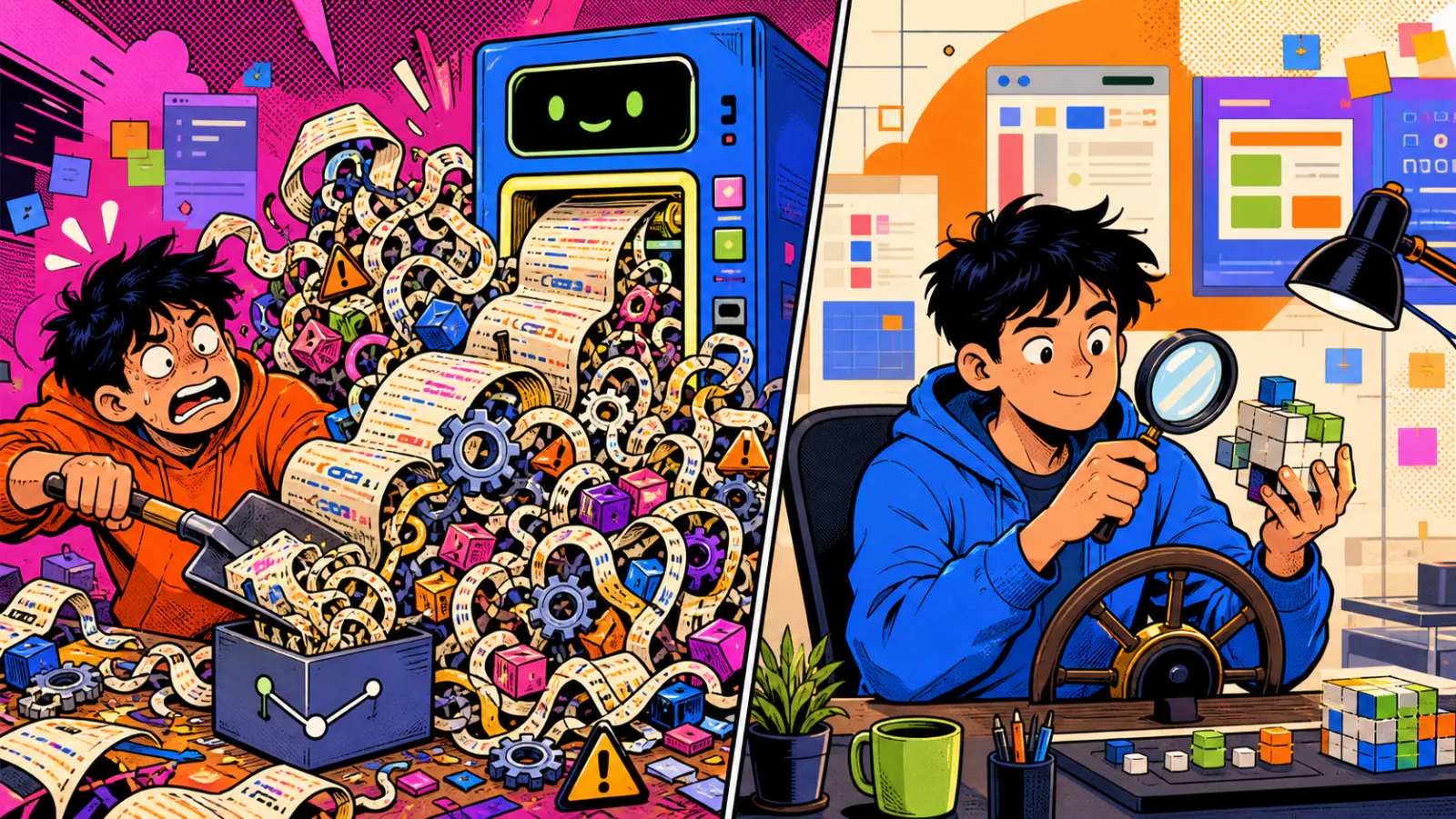 A comic split-screen contrasting a developer buried under AI-generated code with an engineer calmly inspecting a clean module