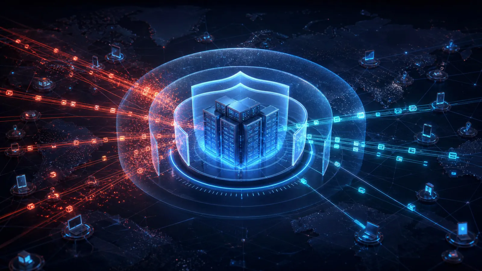 Distributed attack traffic being filtered by layered defenses protecting a server cluster
