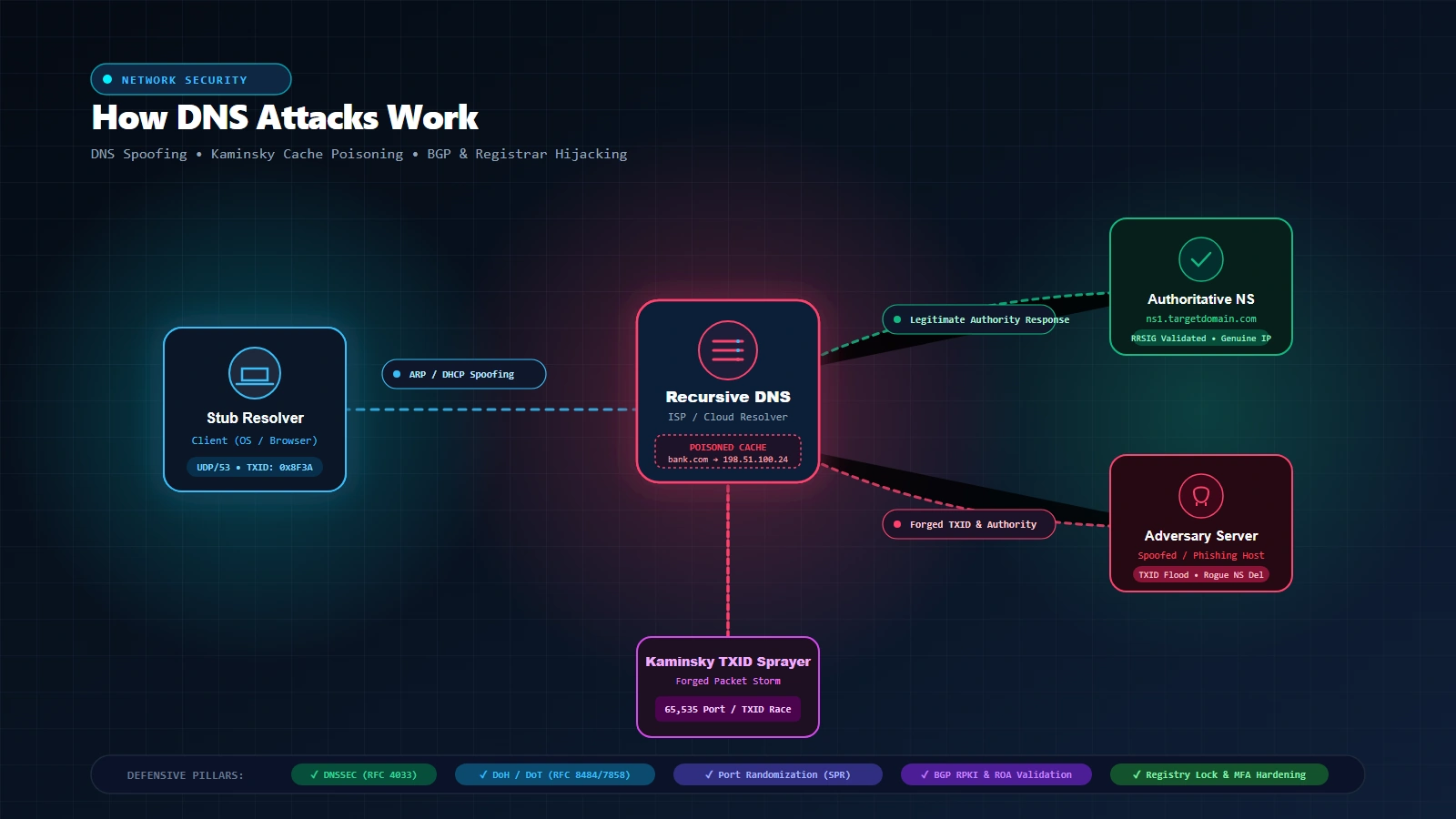 Technical architecture diagram illustrating recursive DNS resolution, spoofed packet injection, poisoned resolver cache nodes, and cryptographic DNSSEC verification shields