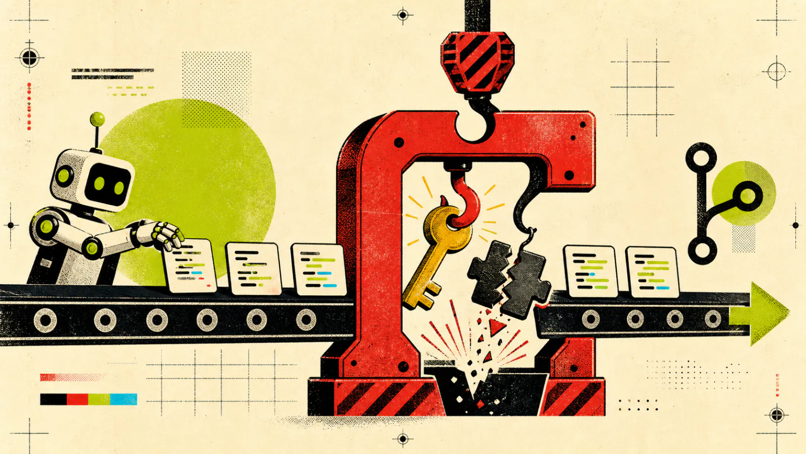 A red Git hook checkpoint catches a golden secret key and a broken dependency while clean code passes along a conveyor
