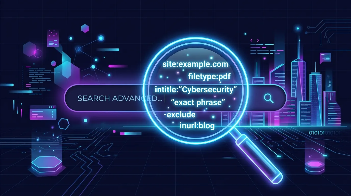 Illustration showing a magnifying glass revealing advanced Google search operators like site:, filetype:, and intitle: over a search bar.