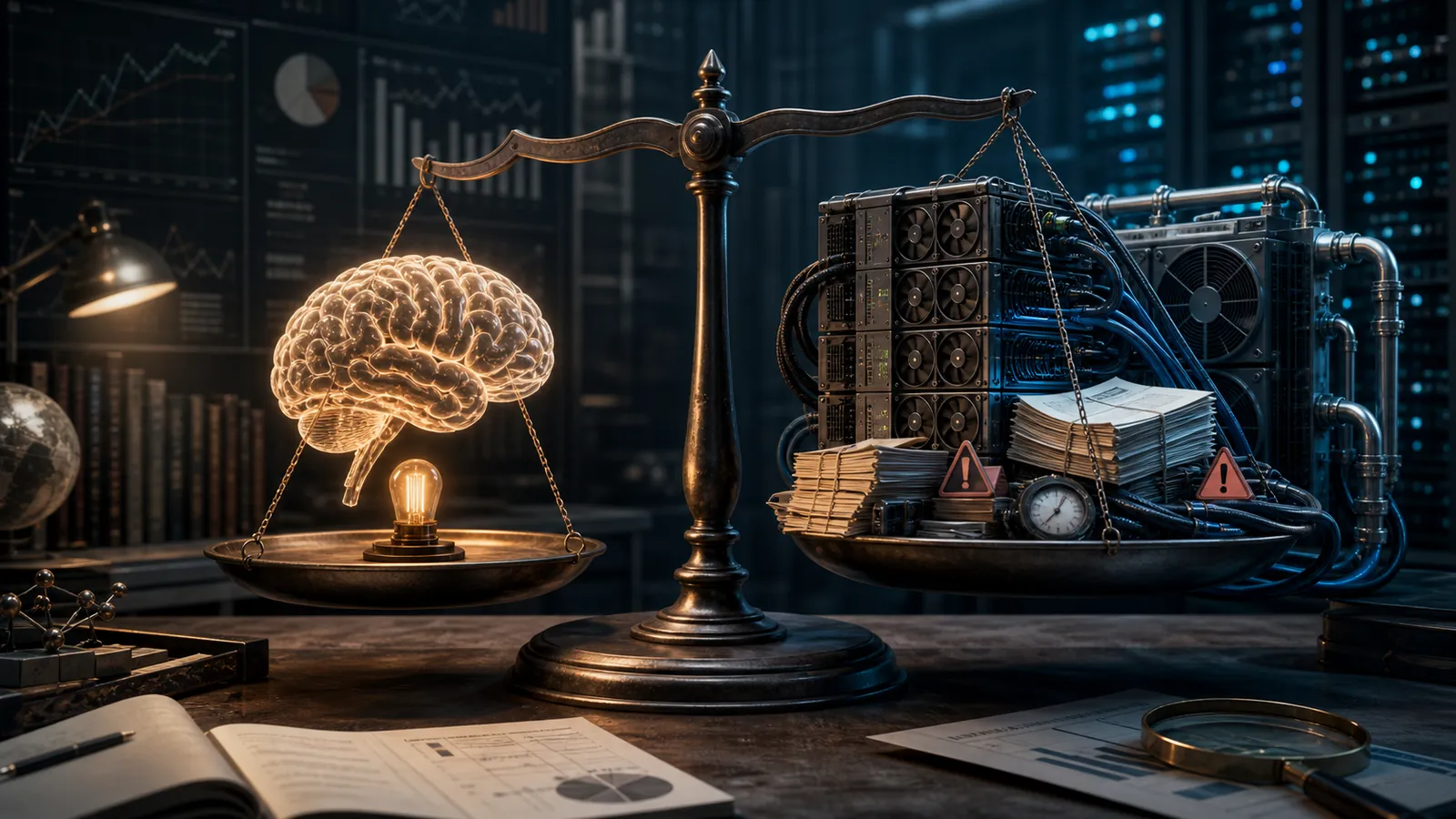A balance scale comparing an efficient glowing human brain with GPU servers, cooling equipment, and audit paperwork