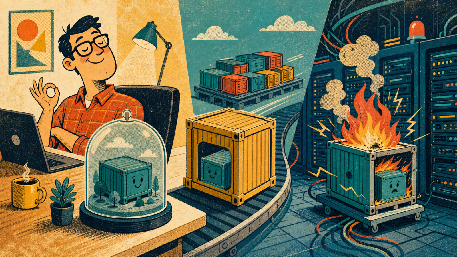 A retro illustration of a developer’s perfect local container being shipped toward a production server room where the same container catches fire