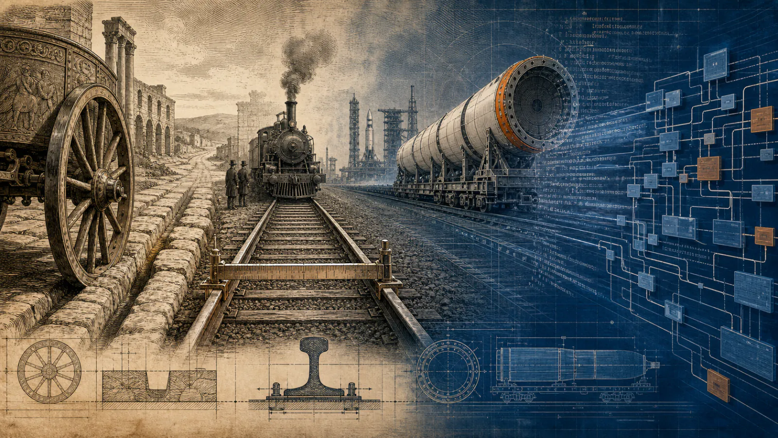 An engraved historical chain connecting Roman road ruts, railway gauge, a rail-carried rocket booster, and a modern software dependency graph