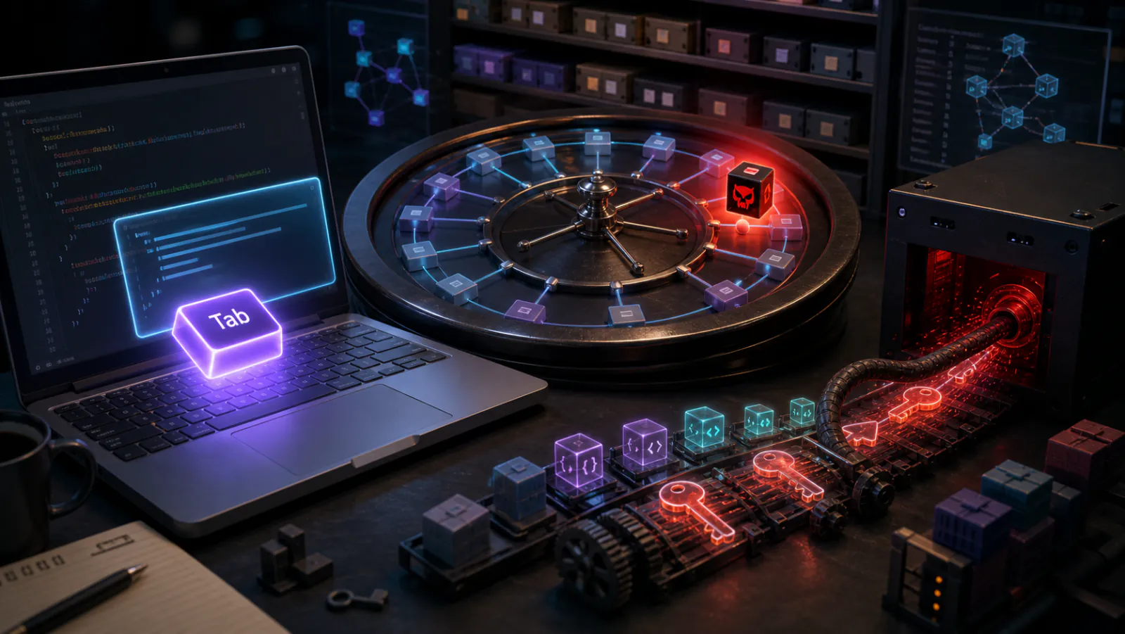 A cinematic dependency roulette wheel beside a laptop while glowing secret tokens move toward a hostile server