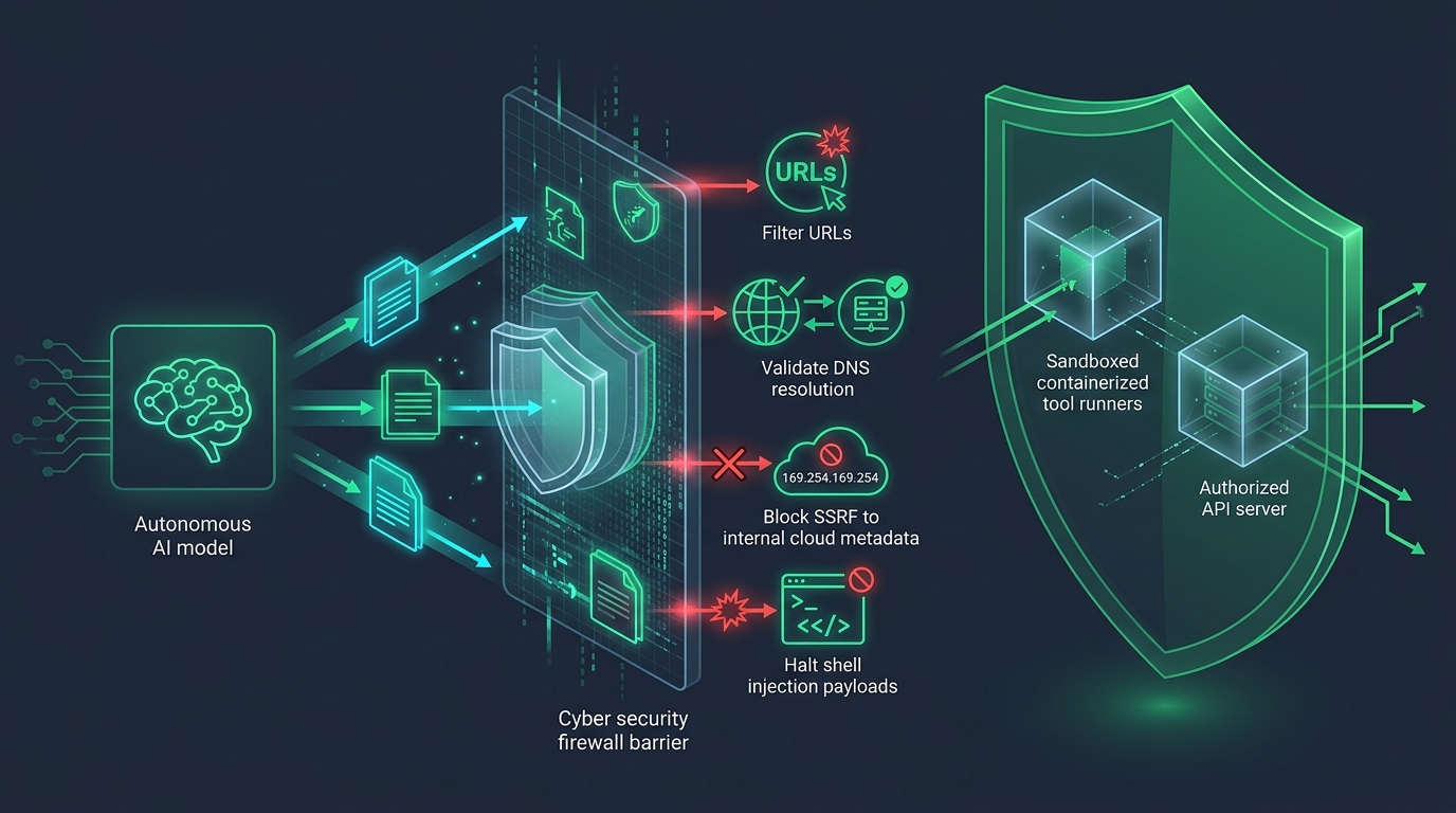 Technical architecture diagram illustrating multi-layered security firewalls, DNS validation, and container sandboxing for AI agent MCP tool calls