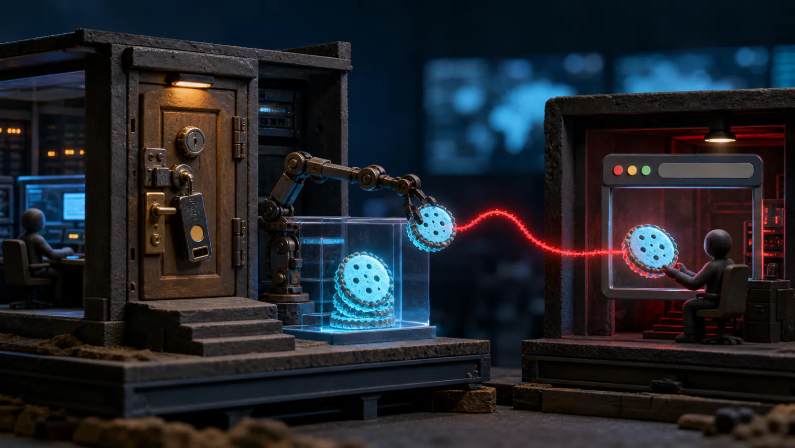 A fortified login door remains locked while a mechanical arm clones a glowing session cookie into a remote browser