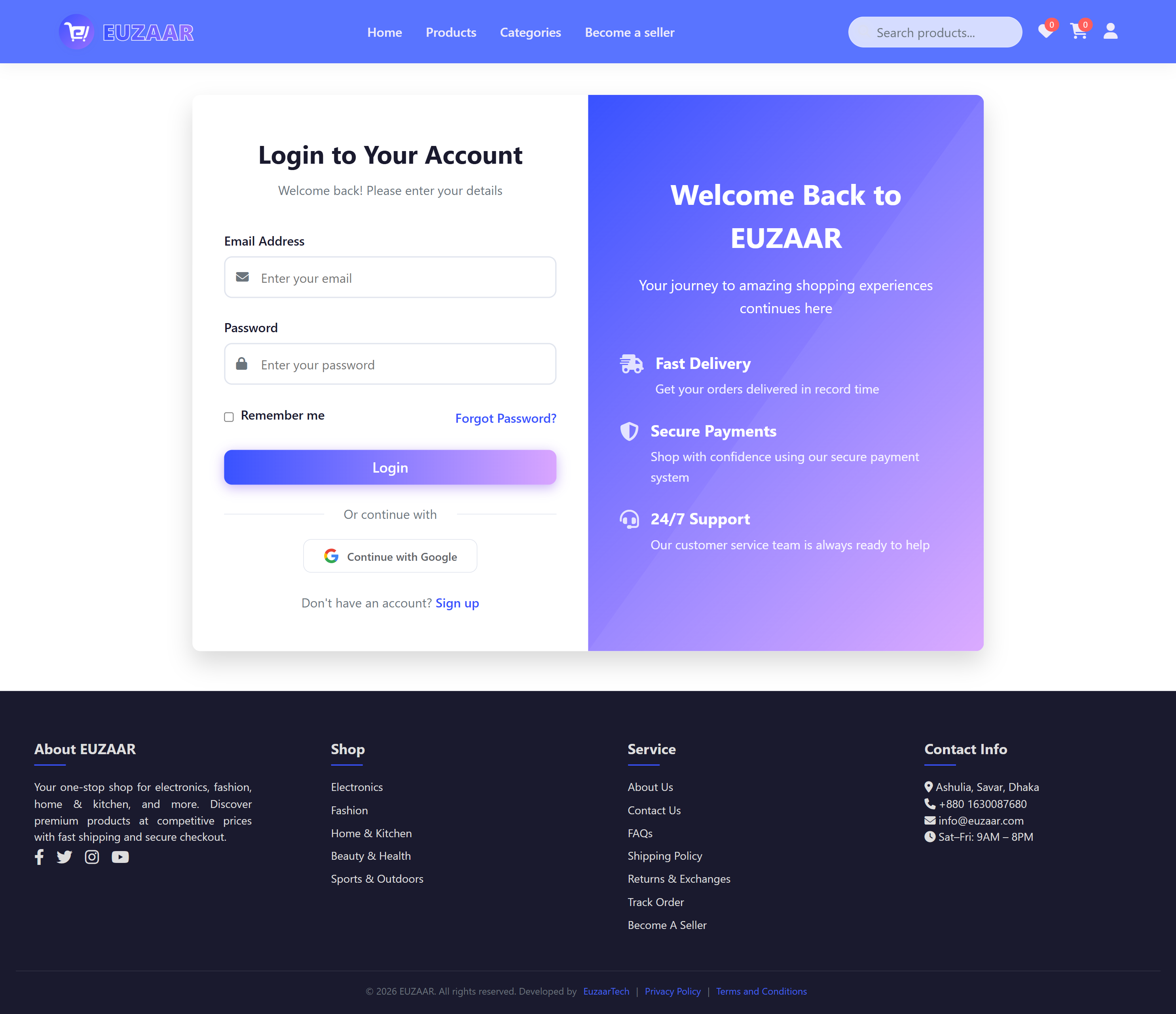 EUZAAR secure login page